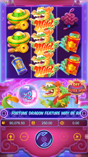 Tela de exemplo de Fortune Dragon: aposta no centro da faixa inferior, botão de giro abaixo, AUTO e menu à direita.