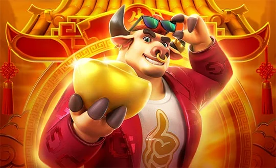 Arte oficial de Fortune Ox com o boi diante de um templo